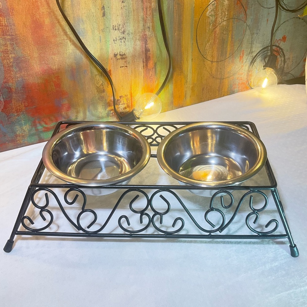 Dog Bowl Set, Metal, Black and Silver, 9.5"x4.5"